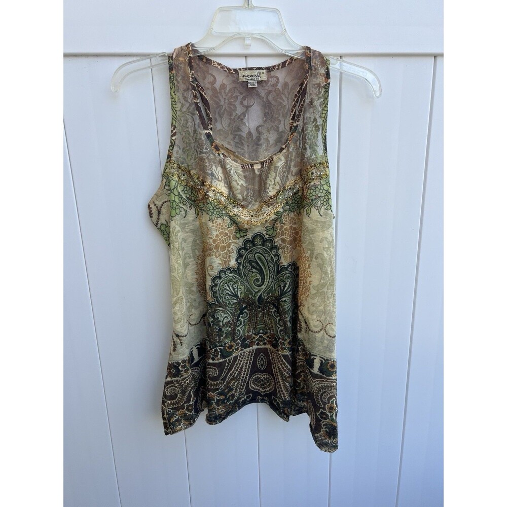 ONE WORLD Green Beige Paisley Print Sleeveless Blouse